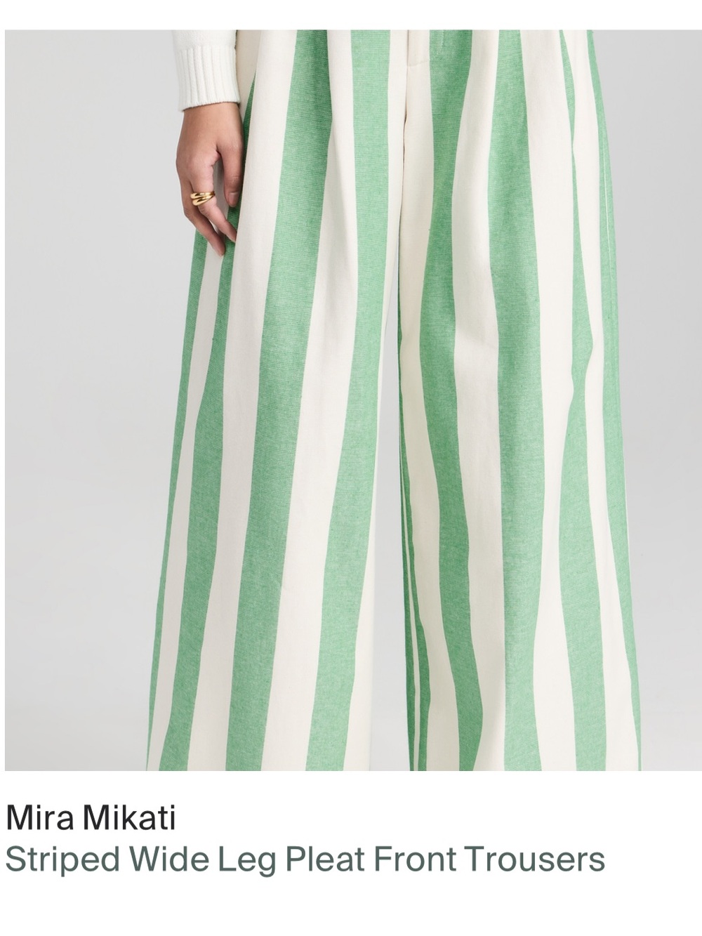 Mira Mikati Green and White Vertical Stripe Wide-Leg Trousers